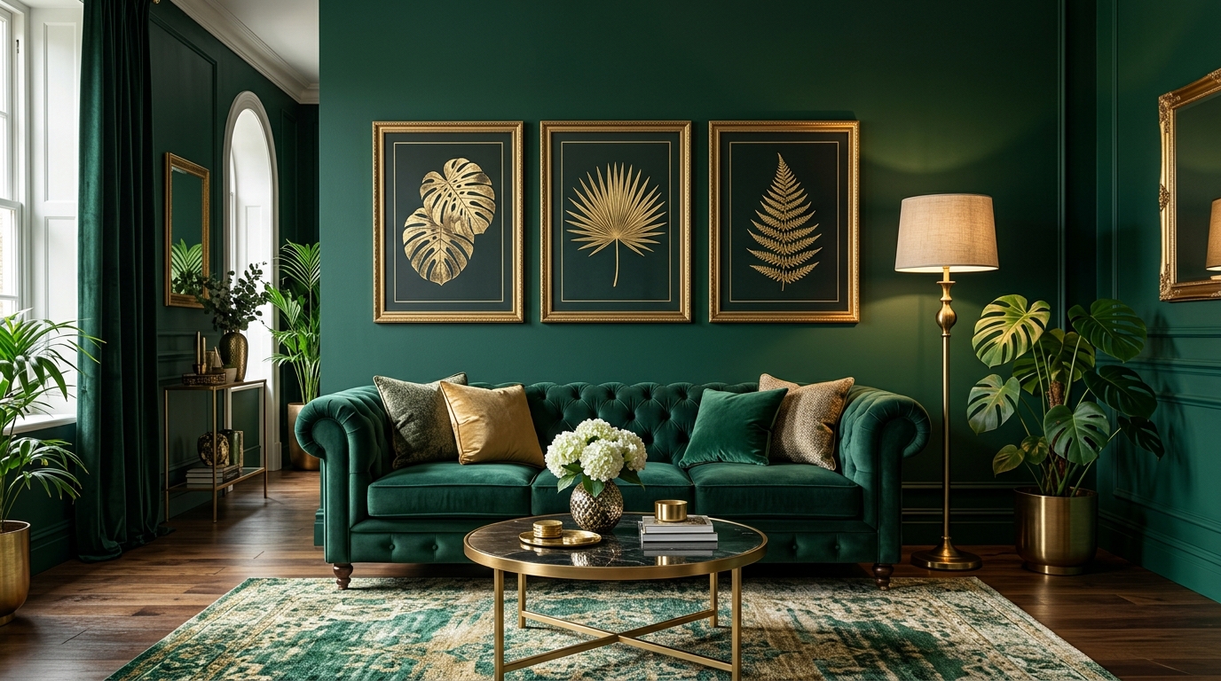 Emerald Wall Art Luxury Interior with Botanical Triptych